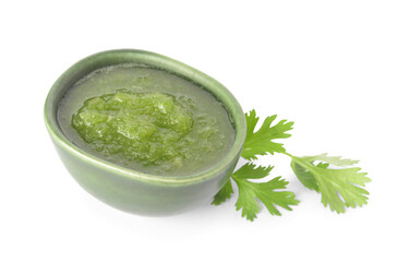 Bowl of Tomatillo Salsa Verde sauce on white background