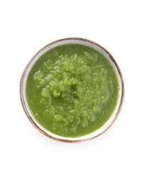 Bowl of Tomatillo Salsa Verde sauce on white background