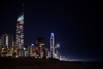 Surfers Paradise nightscape, view from Surfers Paradise beach. Gold Coast.