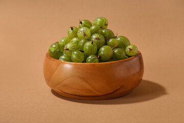 Bowl with fresh ripe gooseberry on color background