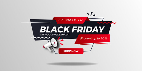 Black friday sale offer promo discount poster banner with 3d megaphone illustration