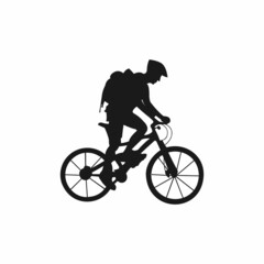 silhouette logo of a person pedaling a bicycle and wearing a backpack
