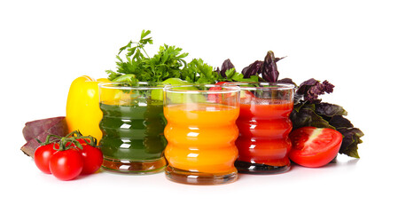 Glasses with healthy juice, fruits and vegetables on white background