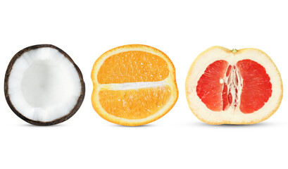 Halves of coconut, orange and grapefruit on an isolated white background. Tropical fruits