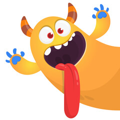Funny cartoon smiling monster character. Illustration of cute and happy mythical alien. Vector isolated