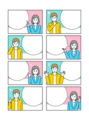 4コマ漫画ベース　私服の男性とスーツを着た女性