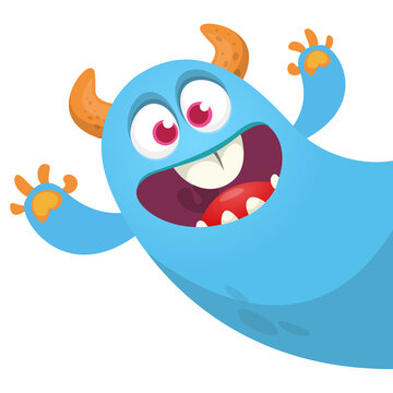 Funny cartoon smiling monster character. Illustration of cute and happy mythical alien. Vector isolated