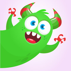 Funny cartoon smiling monster character. Illustration of cute and happy mythical alien. Vector isolated