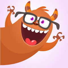 Funny cartoon smiling monster character. Illustration of cute and happy mythical alien. Vector isolated