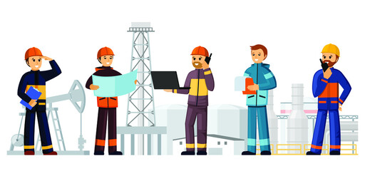 Builders construction site of oil factories illustration. People in helmets and uniforms developing gasoline production ordering building materials engineering and foreman inspectors. Vector cartoon.
