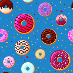 Naklejka premium Cream tasty donuts seamless pattern. Yummy pastries with cream sprinkled caramel and chocolate powder festive treat with designer delicious tracery decoration of holiday. Vector candy cartoon.