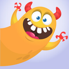Funny cartoon smiling monster character. Illustration of cute and happy mythical alien. Vector isolated