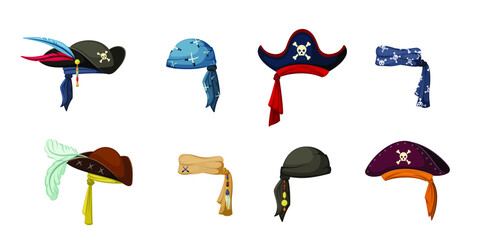 Pirate vintage hats set. Colorful headscarves and elaborate headwear with feathers symbols of corsair captain and sailor traditional outfit of sea robbers and raiders. Vector cartoon robbery.