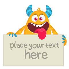 Funny cartoon monster character holding blank paper sheet or board for text. Illustration of happy alien creature. Halloween party design