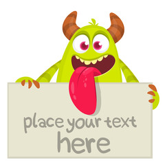 Funny cartoon monster character holding blank paper sheet or board for text. Illustration of happy alien creature. Halloween party design