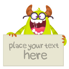 Funny cartoon monster character holding blank paper sheet or board for text. Illustration of happy alien creature. Halloween party design