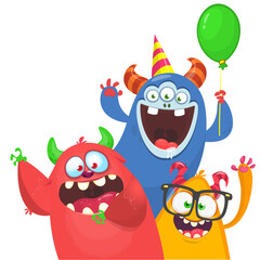 Naklejka premium Funny cartoon monster characters set card for birthday party. Illustration of happy alien creatures. Package or invitation design