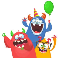 Fotobehang Funny cartoon monster characters set card for birthday party. Illustration of happy alien creatures. Package or invitation design © drawkman