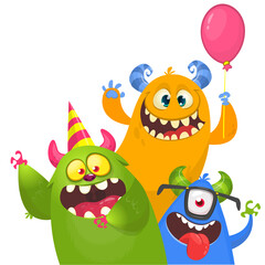 Funny cartoon monster characters set card for birthday party. Illustration of happy alien creatures. Package or invitation design