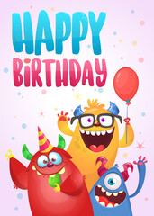 Fototapeta premium Funny cartoon monster characters set card for birthday party. Illustration of happy alien creatures. Package or invitation design