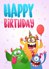 Funny cartoon monster characters set card for birthday party. Illustration of happy alien creatures. Package or invitation design