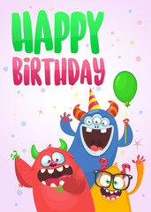Funny cartoon monster characters set card for birthday party. Illustration of happy alien creatures. Package or invitation design