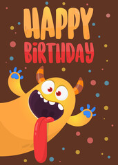 Funny cartoon monster characters set card for birthday party. Illustration of happy alien creatures. Package or invitation design