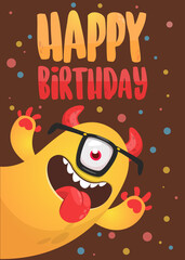Fototapeta premium Funny cartoon monster characters set card for birthday party. Illustration of happy alien creatures. Package or invitation design