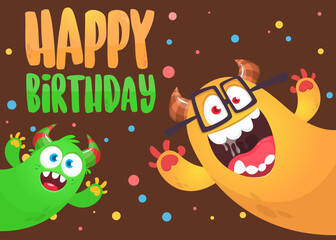 Funny cartoon monster characters set card for birthday party. Illustration of happy alien creatures. Package or invitation design