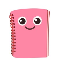 Pink book or notebook. Cheerful cute cartoon character. Childrens design. Isolated on white background. With a face and a smile. Vector