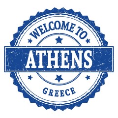WELCOME TO ATHENS - GREECE, words written on light bue stamp