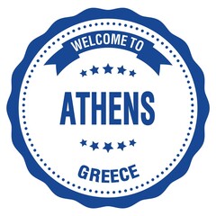 WELCOME TO ATHENS - GREECE, words written on light bue stamp