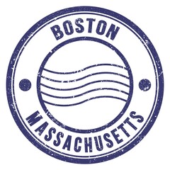 BOSTON - MASSACHUSETTS, words written on blue postal stamp