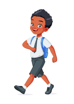 Happy Black school boy walking. Cartoon vector illustration.