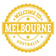 WELCOME TO MELBOURNE - AUSTRALIA, words written on yellow stamp