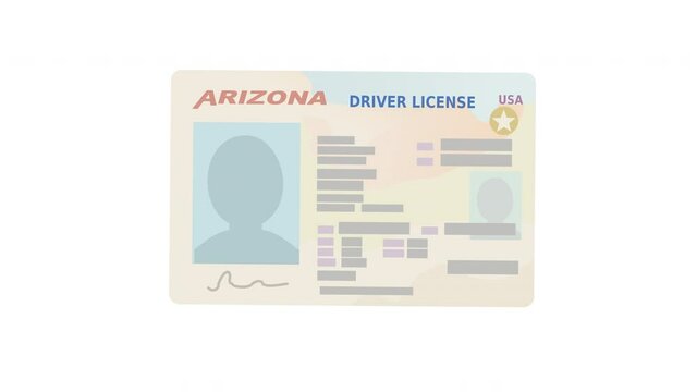 A hand presents a Arizona driver's license on a white background (flat design)	