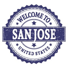 WELCOME TO SAN JOSE - UNITED STATES, words written on blue stamp