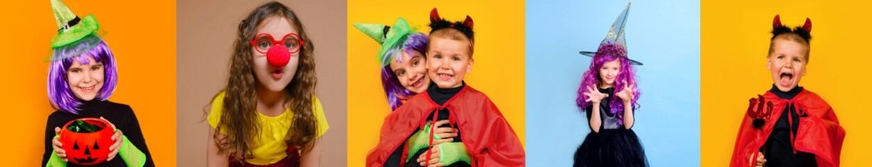 Collage of pictures with children in Halloween costumes on different backgrounds. Holidays, traditions.