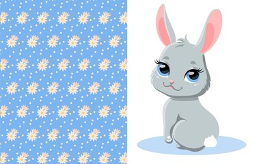 Obraz premium Cute bunny and pattern. Little rabbit looks around. Near forms for printing on fabric or clothing. Baby images and poster for children. Cartoon vector illustration isolated on white background