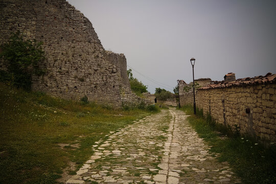 Exterior view to ruined Xhamia e Kuqe aka Red Mosque at Berat fortress, Berat, Albania