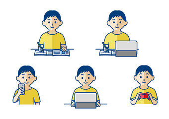 勉強とゲームをする男の子の上半身イラスト