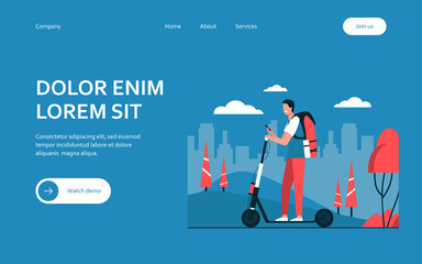 Happy smiling man riding kick scooter on sidewalk flat vector illustration. Cartoon hipster using electric scooter. Electrical personal transportation and urban lifestyle concept © PCH.Vector