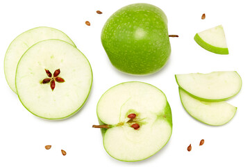 green apple with slices isolated on a white background. top view. clipping path
