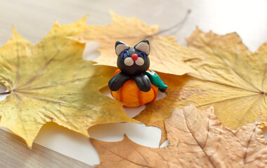 DIY dough for modeling for Halloween. Made of plasticine black cat on a pumpkin. Step-by-step instructions for photos. Step 4. The final one. Cawti is ready.