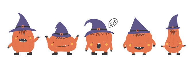 Pumpkins collection cartoon pumpkin monster. Happy halloween print. Funny and happy pumpkins set character. Vegetables vector illustration