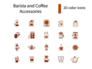 Coffee making appliance flat icons set. Apron, scale, measuring cup. Coffee sacs. Isolated vector illustration
