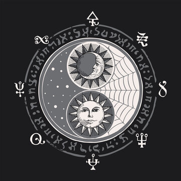 Vector yin yang symbol with sun, moon and magic signs, written in a circle on dark background. Hand-drawn moon and sun with human face. Mystical sign of harmony, balance, day and night, feng shui, zen