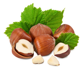 hazelnuts with green leaf isolated on white background macro. clipping path