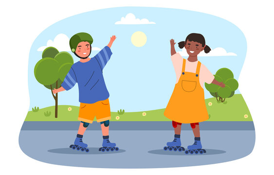 Children play on roller skates. Two friends walking in fresh air. Rest in park. Kids ride. Wonderful summer day, rest after school. Cartoon flat vector illustration isolated on white background - Powered by Adobe