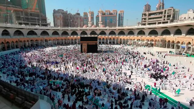 MECCA, SAUDI ARABIA - September 10, 2019: Video of unidentified pilgrims perform Tawaf around Kaaba inside Masjidil Haram, Makkah